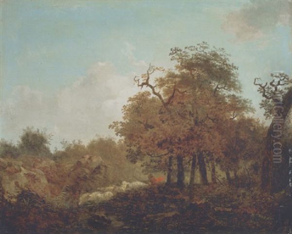 A Wooded Landscape With A Shepherd Rounding Up His Flock - view 1