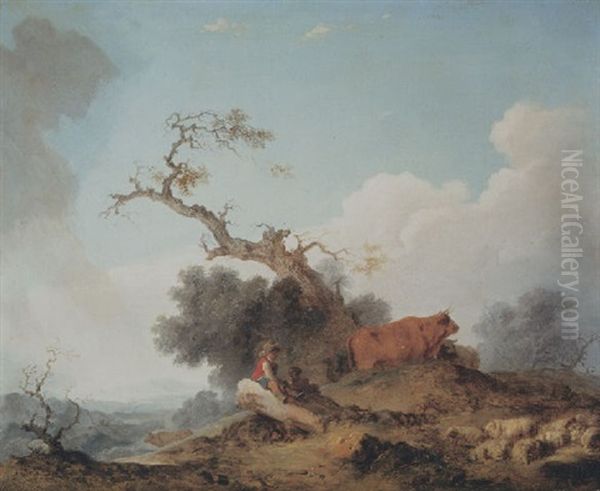 A Shepherd Seated On A Rock In A Landscape - view 1