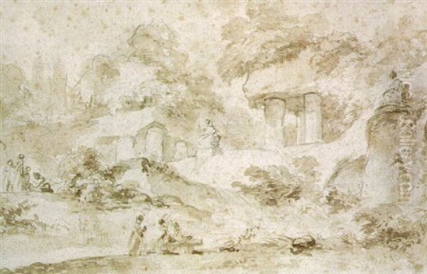 Personnages Dans Un Parc Avec Torrent, Decor De Colonnes Et Statues - view 1