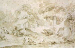 Personnages Dans Un Parc Avec Torrent, Decor De Colonnes Et Statues by Jean-Honore Fragonard