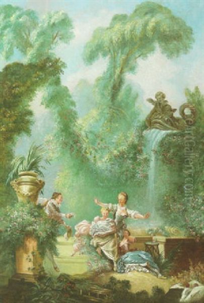 Elegant Figures Dancing In A Garden With A Waterfall Behind - view 1