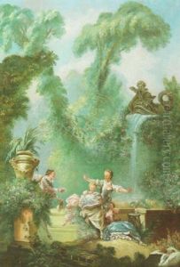 Elegant Figures Dancing In A Garden With A Waterfall Behind by Jean-Honore Fragonard