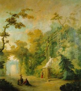 A Garden Landscape With Maids By A Statue Before An Arbour