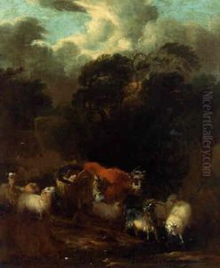 Animals By A Rocky Stream In A Storm