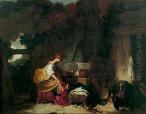 Jeune Fille Puisant De L'eau A Une Fontaine Dit Les Dindons by Jean-Honore Fragonard