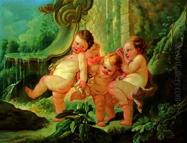Putti Playing By A Fountain - view 1