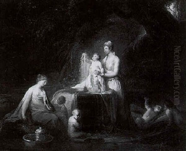 Mothers Bathing Their Children In A Fountain - view 1