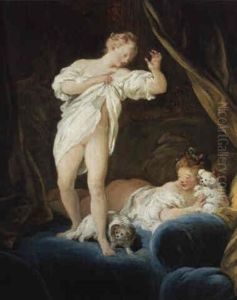 Deux Jeunes Femmes Sur Un Lit Jouant Avec Un Petit Chien: Le Lever by Jean-Honore Fragonard