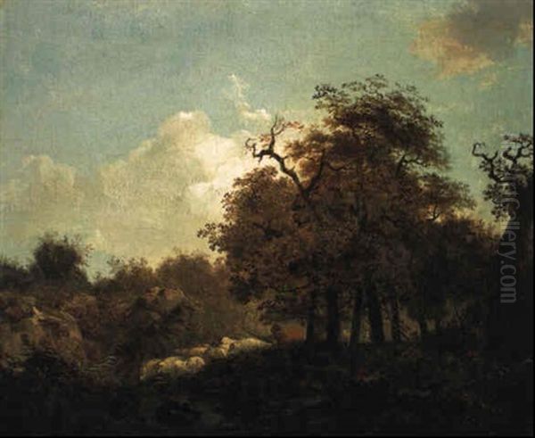 Shepherd Rounding Up His Flock In A Wooded Landscape - view 1