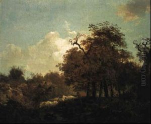 Shepherd Rounding Up His Flock In A Wooded Landscape by Jean-Honore Fragonard