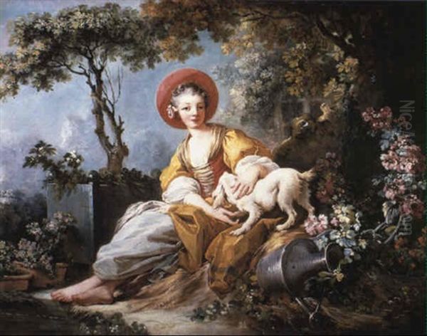 Young Woman Seated With Dog And Watering Can In A Garden - view 1