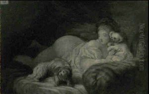 Jeune Femme Jouant Avec Ses Chiens by Jean-Honore Fragonard