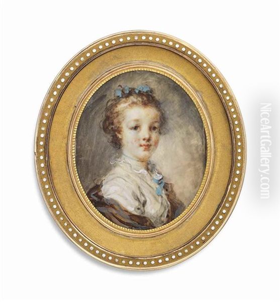 A Girl, In White Dress With Frilled Collar, Blue Ribbon, Choker And Ribbons In Her Hair, A Brown Stole Wrapped Around Her Shoulders - view 1