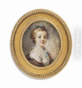 A Girl, In White Dress With Frilled Collar, Blue Ribbon, Choker And Ribbons In Her Hair, A Brown Stole Wrapped Around Her Shoulders by Marie Anne Fragonard