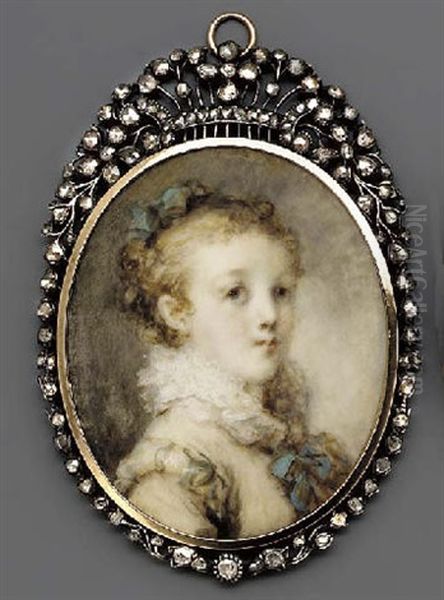 A Young Lady Facing Right, In Pale Cream Dress With Blue Ribbon And Frilled Collar, Blue Ribbon In Her Curling Hair - view 1