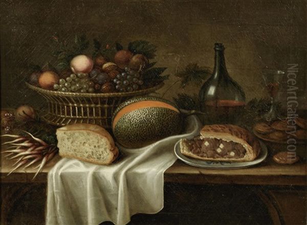A Basket Of Fruit On Draped Table With A Pie, Faggots, A Split Melon And Wine - view 1