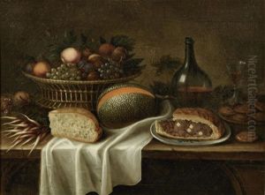 A Basket Of Fruit On Draped Table With A Pie, Faggots, A Split Melon And Wine by Claude Joseph Fraichot