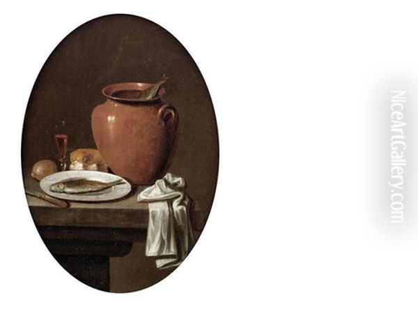 An Earthenware Jar With A Fish On A Pewter Dish, A Lemon And Breadroll On A Table Top (+ Oysters Spilling From A Barrel With A Glass Of Wine And A Breadroll On A Table Top; Pair) - view 1