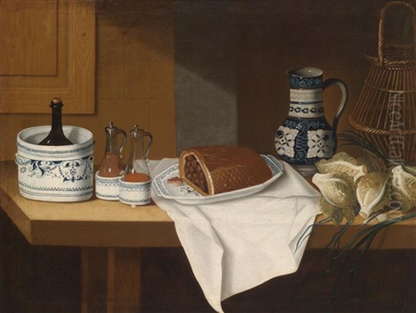Stillleben Mit Ostfranzosischen Fayencegefasen, Einem Weinkrug, Gemuse Und Einer Torte - view 1