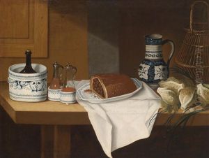 Stillleben Mit Ostfranzosischen Fayencegefasen, Einem Weinkrug, Gemuse Und Einer Torte