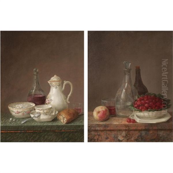 A Still Life With A Carafe Of Wine, A Teapot, A Bowl Of Sugar And A Piece Of Bread On A Marble Ledge (+ Another; Pair) - view 1