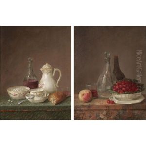 A Still Life With A Carafe Of Wine, A Teapot, A Bowl Of Sugar And A Piece Of Bread On A Marble Ledge (+ Another; Pair)