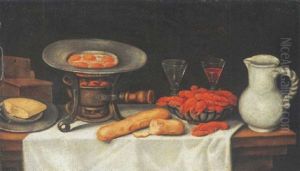 Oeufs Au Plat Sur Un Rechaud, Des Ecrevisses, Du Pain, Deux Verres De Vin, Du Fromage Sur Une Assiette Et Un Pichet by Claude Joseph Fraichot