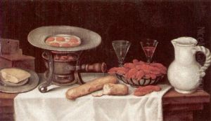 Still Life Of Crayfish, Eggs Cooking On A Stove, Bread, Glasses, A Pitcher, And Butter, On A White Cloth Over A Wooden Table by Claude Joseph Fraichot