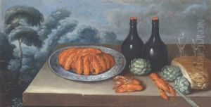 Artichokes And Crayfish On A Porcelain Dish With Wine Glasses On A Tabletop
