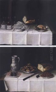 Still Life With A Bowl Of Salad, Bread, Cherries, Poultry And Turnips On A Plate On A Draped Table by Claude Joseph Fraichot