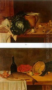 A Fish, A Plate Of Prawns, An Overturned Cauldron, Onions And A Bottle On A Draped Table by Claude Joseph Fraichot