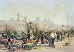 A Flower Market On The Seine, The Louvre Beyond by Georges Fraipont