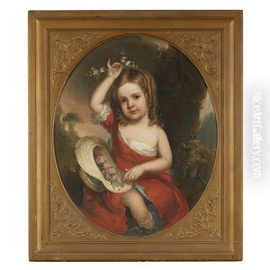 Portrait Of A Young Girl In A Red Dress Holding A Straw Hat Filled Wit by Manuel Joachim De Franca