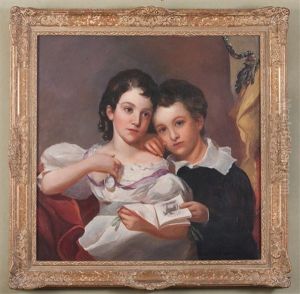Portrait Of A Brother And Sister Holding A School Book, She With Ribboned Merit Award by Manuel Joachim De Franca