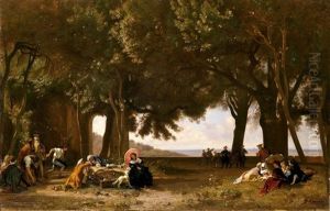Gesellschaft Beim Boulespiel In Einem Park (collab. W/henri Charles Antoine Baron) by Francois Louis Francais
