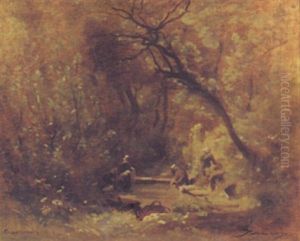 Les Lavandieres Dans Le Sous Bois A Douarnenez by Francois Louis Francais