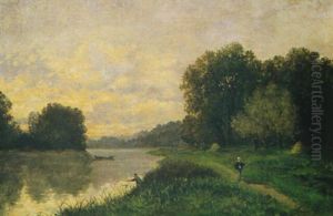 Flusslandschaft Mit Angler Und Ruderboot by Francois Louis Francais