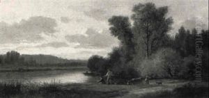 Flusslandschaft Mit Anglern, Hirtin, Kuh Und Hund Flusslandschaft Mit Anglern, Hirtin, Kuh Und Hund