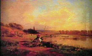 Pecheur Et Elegante Au Bord Du Fleuve