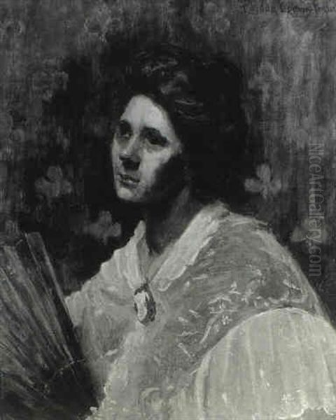 Portrait Of A Lady Wearing A White Shawl With A Hand Fan - view 1