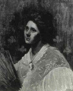 Portrait Of A Lady Wearing A White Shawl With A Hand Fan