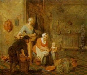 Kitchen Interior With Peasants by Leonard de France