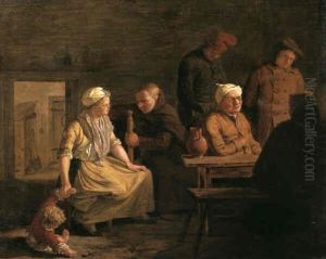 A Mother Restraining Her Child Whilst Talking To A Friar    Seated At A Table Where Four Peasants Drink