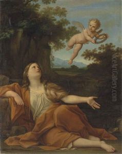 Mary Magdalene With A Putto Holding A Crown Of Thorns In A Wooded Landscape by Marc Antonio Franceschini