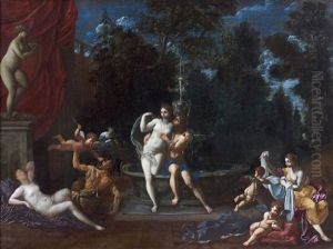 Couple Devant Une Fontaine Dans Un Paysage Anime De Nymphes Et De Putti by Marc Antonio Franceschini