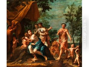 Antik-mythologische Szene Mit Dem Hirten Apollo, Der Sich Den Drei Grazien Nahert