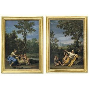 Pastoral Scene With A Young Mother, Frolicking Children And A Goat (+ Pastoral Scene With A Maiden Offering Cherries To A Child; Pair)