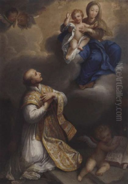 The Madonna And Child Appearing To A Bishop Saint by Marc Antonio Franceschini