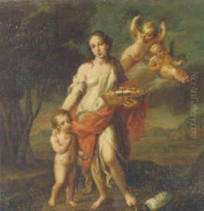 A Woman Holding A Basket Of Fruit With A Child And Putto In A Landscape