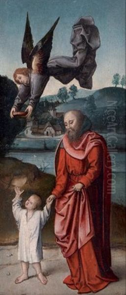 Saint Joseph Et L'enfant Jesus Dans Un Paysage De Riviere - view 1